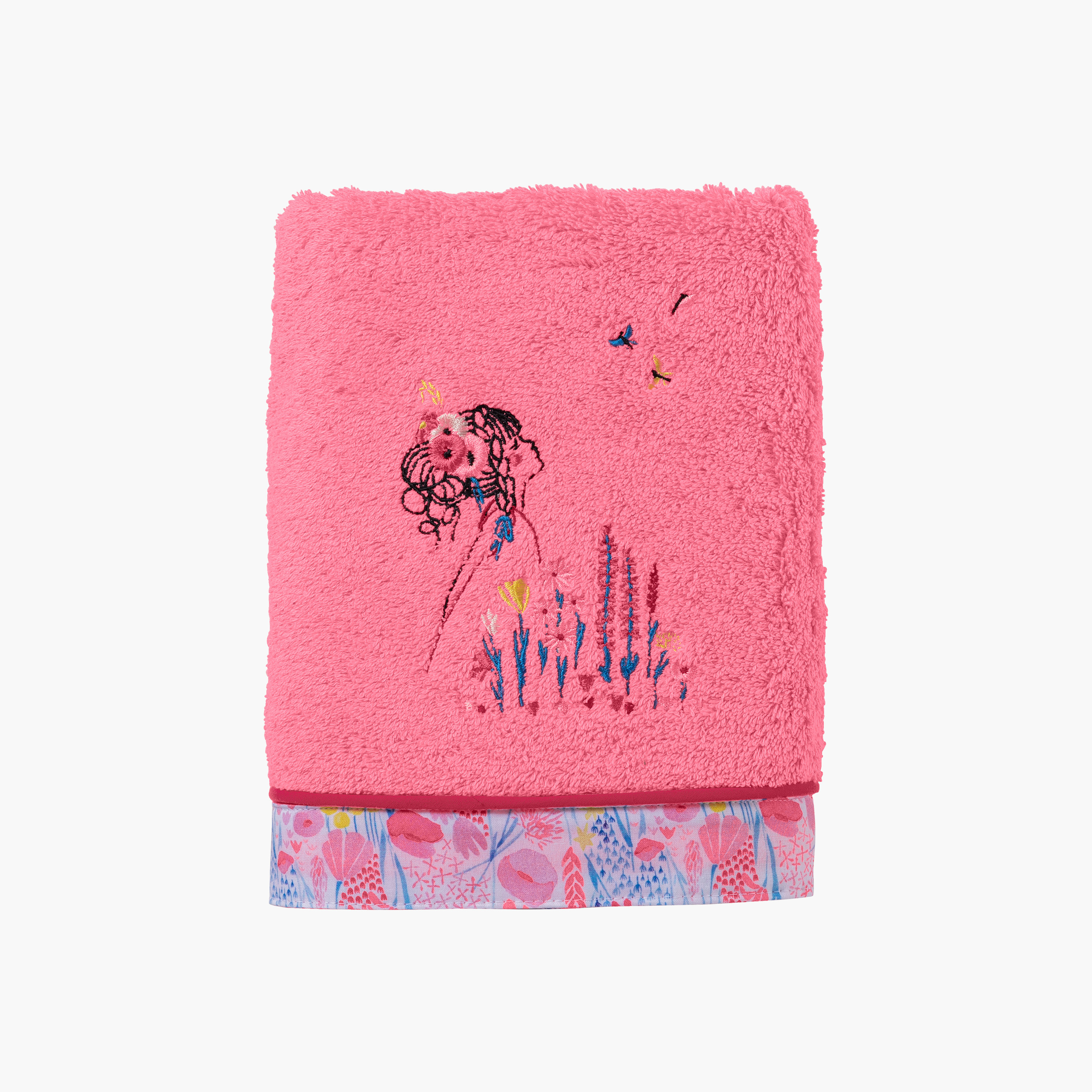 Organic cotton towel embroidered with flowers Poésie corail