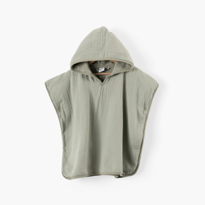 Double-sided cotton and cotton gauze poncho Lino sage
