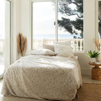 Comforter cover linen and washed cotton Songe grège floral