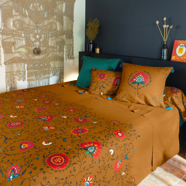 Parure de lit réversible coton et lin Bukhara curcuma