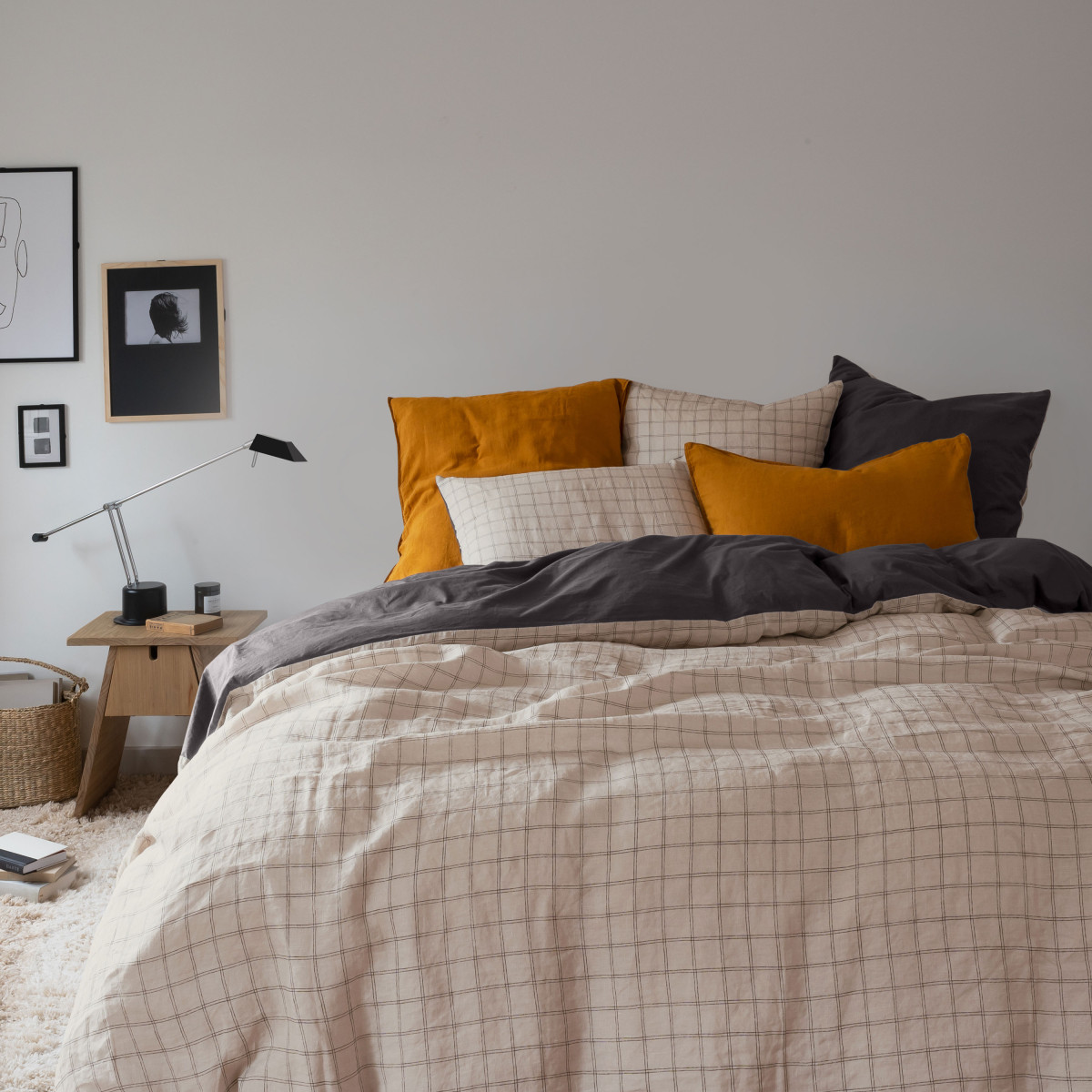 Housse de couette lin et coton lavé Songe charbon carreaux