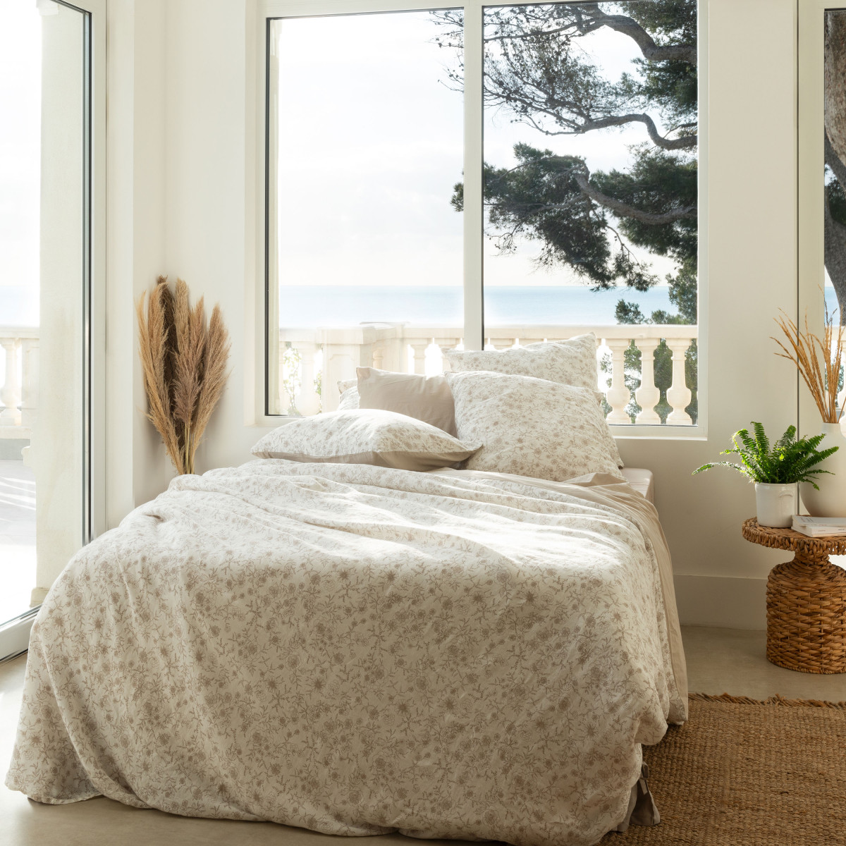 Comforter cover linen and washed cotton Songe grège floral