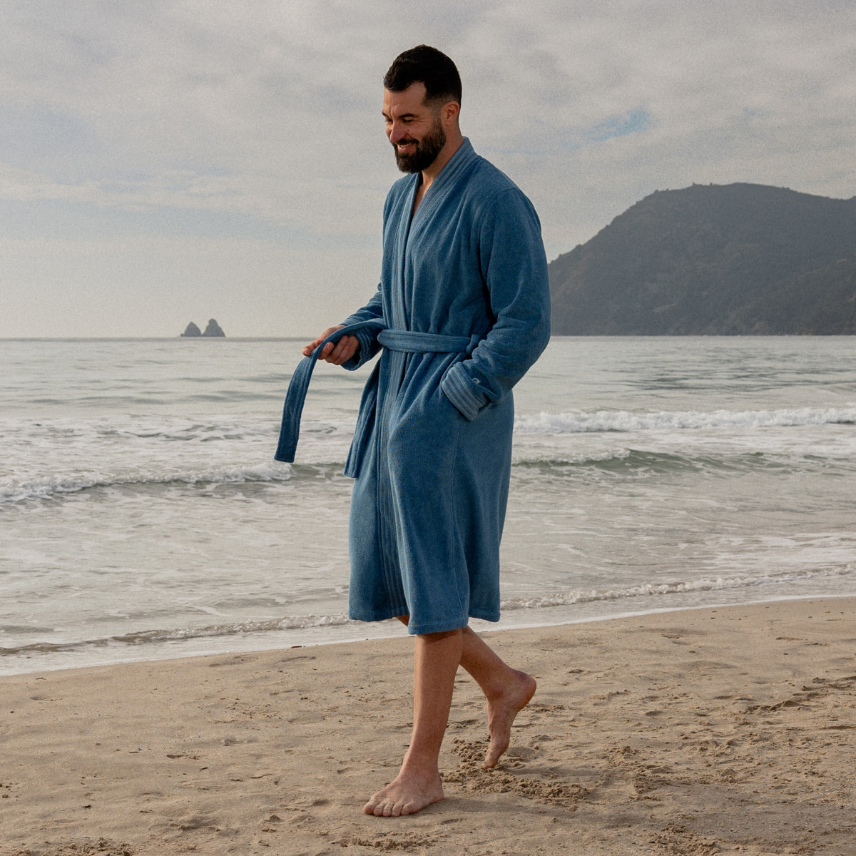 Men's bathrobe kimono collar cotton Demi Lune denim blue