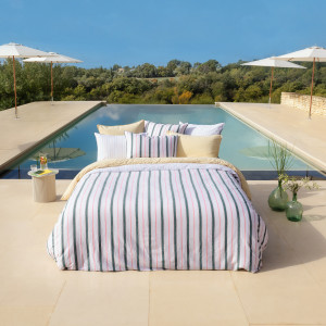 Reversible Linen and Washed Cotton Duvet Cover Tempos Emerald Stripe