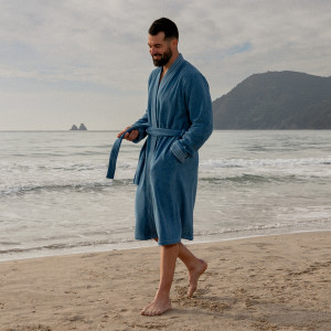 Men's bathrobe kimono collar cotton Demi Lune denim blue