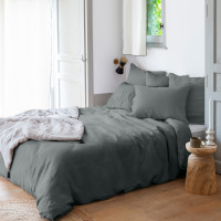 Housse de couette lin et coton lavé Songe kaki cendré