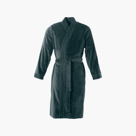Men&apos;s cotton bathrobe with kimono collar Cubes II cedar green