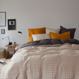 Washed linen and cotton duvet cover Songe charcoal plaid
