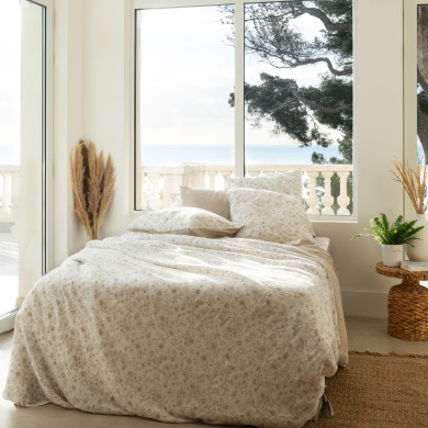 Housse de couette lin et coton lavé Songe grège floral