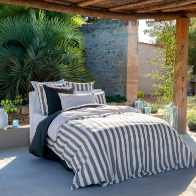 Housse de couette réversible lin et coton lavé Tempos marine rayé