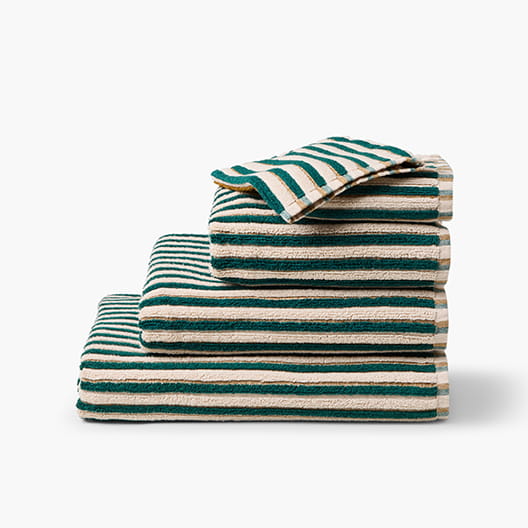 Green and beige striped bathroom set