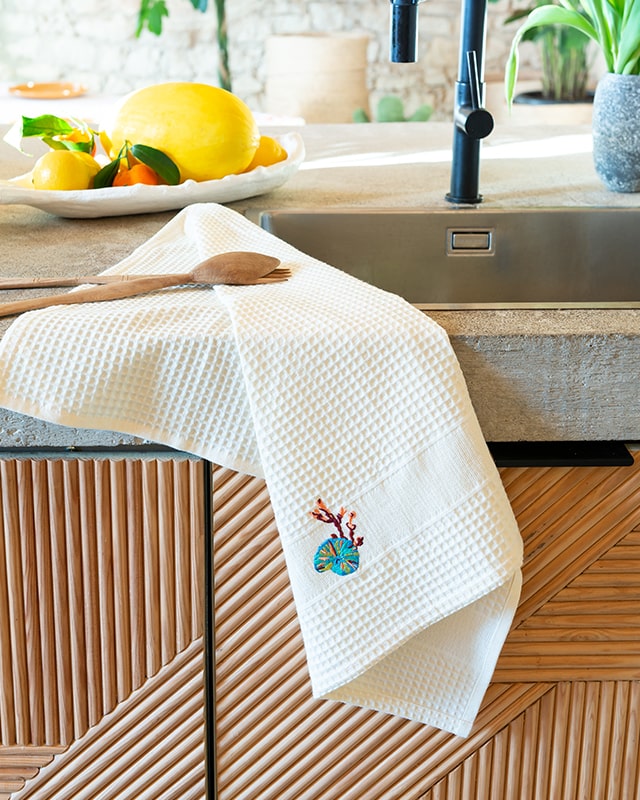 Honeycomb cotton tea towel Atoll sable