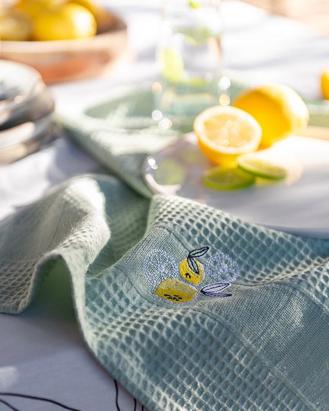 Honeycomb cotton tea towel Lemonaid vert d'eau