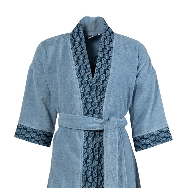 Women's Cotton Bathrobe Kimono collar Madeleine bleu