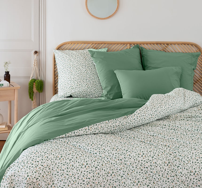 Housse de couette percale de coton Neo thym végétal