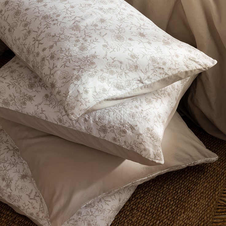 Songe grège floral square pillow case in washed linen and cotton